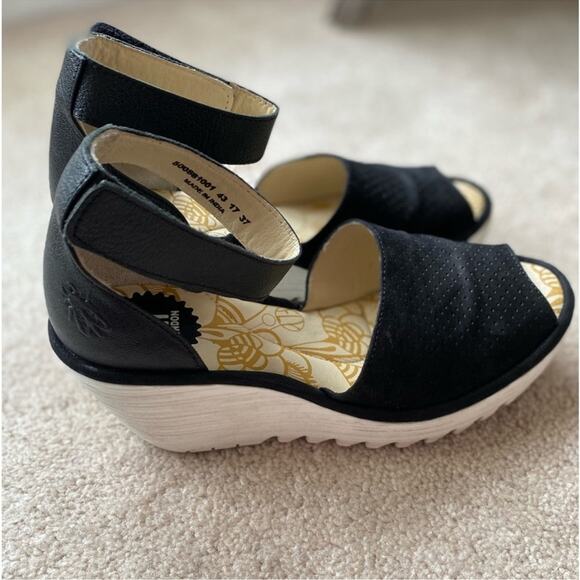 Fly London Shoes - FLY London Black Ankle Strap Perforated Leather Wedge Sandals Size 37/6.5-7